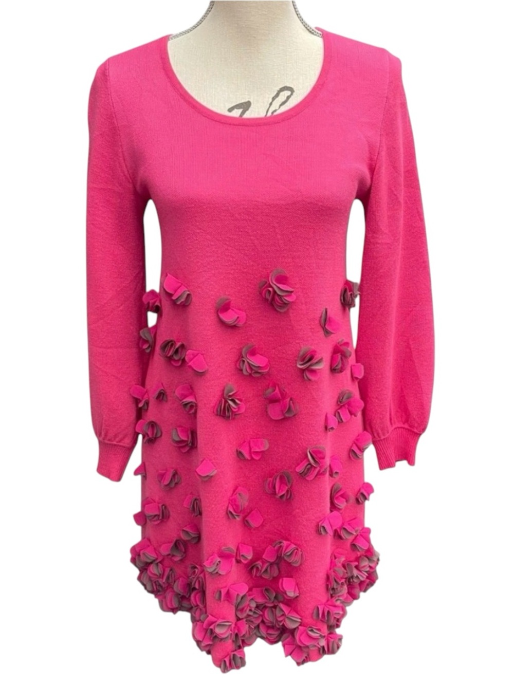 MISSPORTSCOM Inspiration Italy Pink Knit Grey Flower Applique A-Line Dress (M)